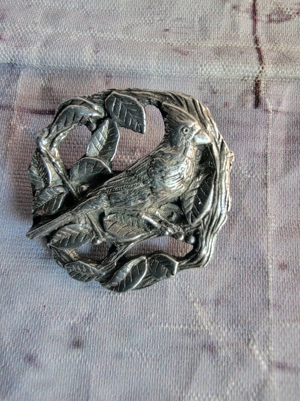 Birds and Blooms Cardinal Brooch Pin Vintage 1999 Limited Edition Pewter Bird